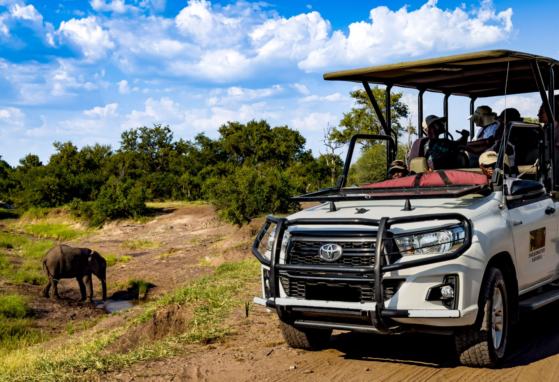 Safari vehicle at a Zimbabwean watering hole at sunset